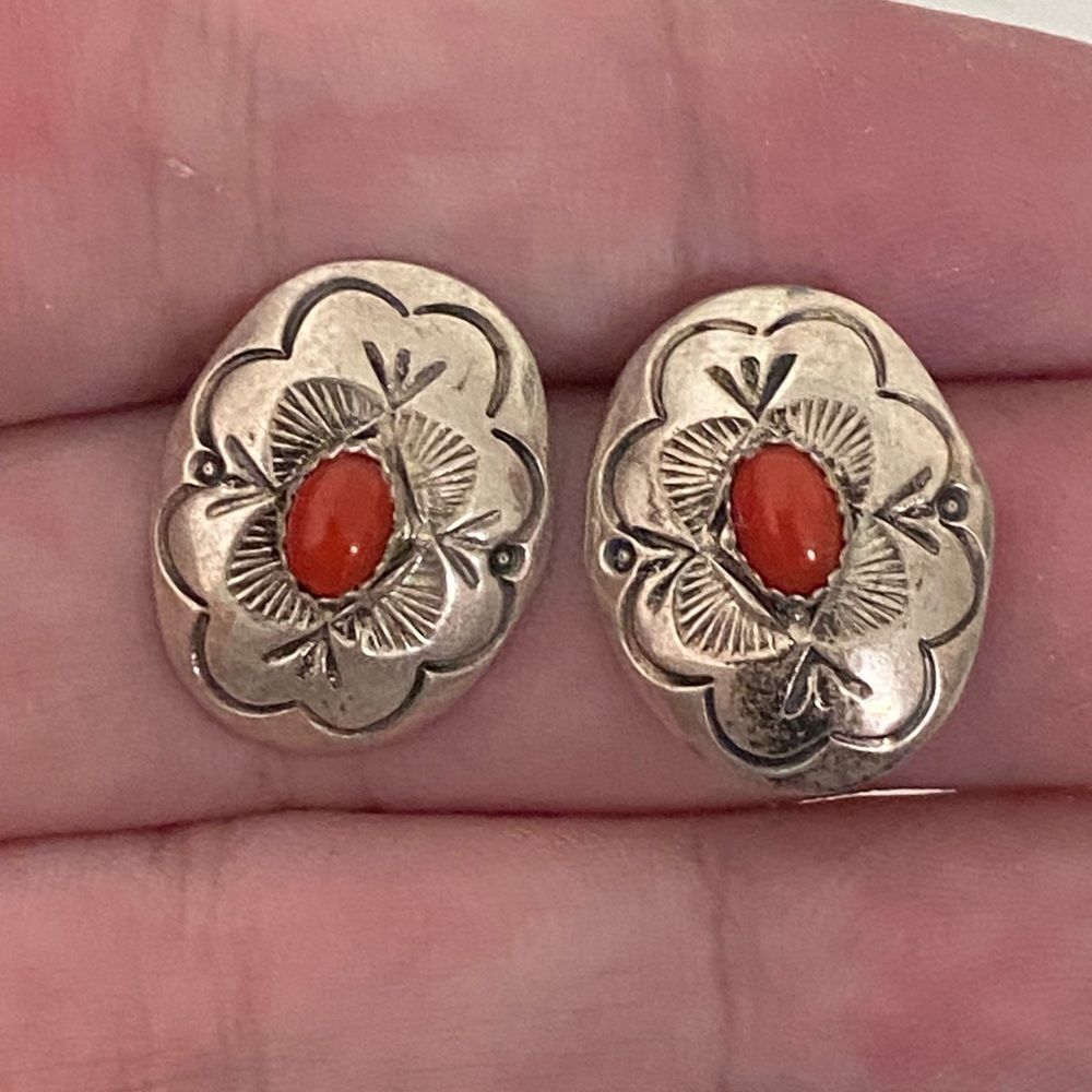 Navajo Larry Sandoval Coral Oval Concho Sterling Silver Earrings
